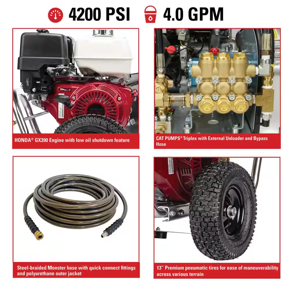 4200 PSI 4.0 GPM Gas Pressure Washer, Honda GX390 Engine, CAT Pump, Commercial Cold Water Power Washer