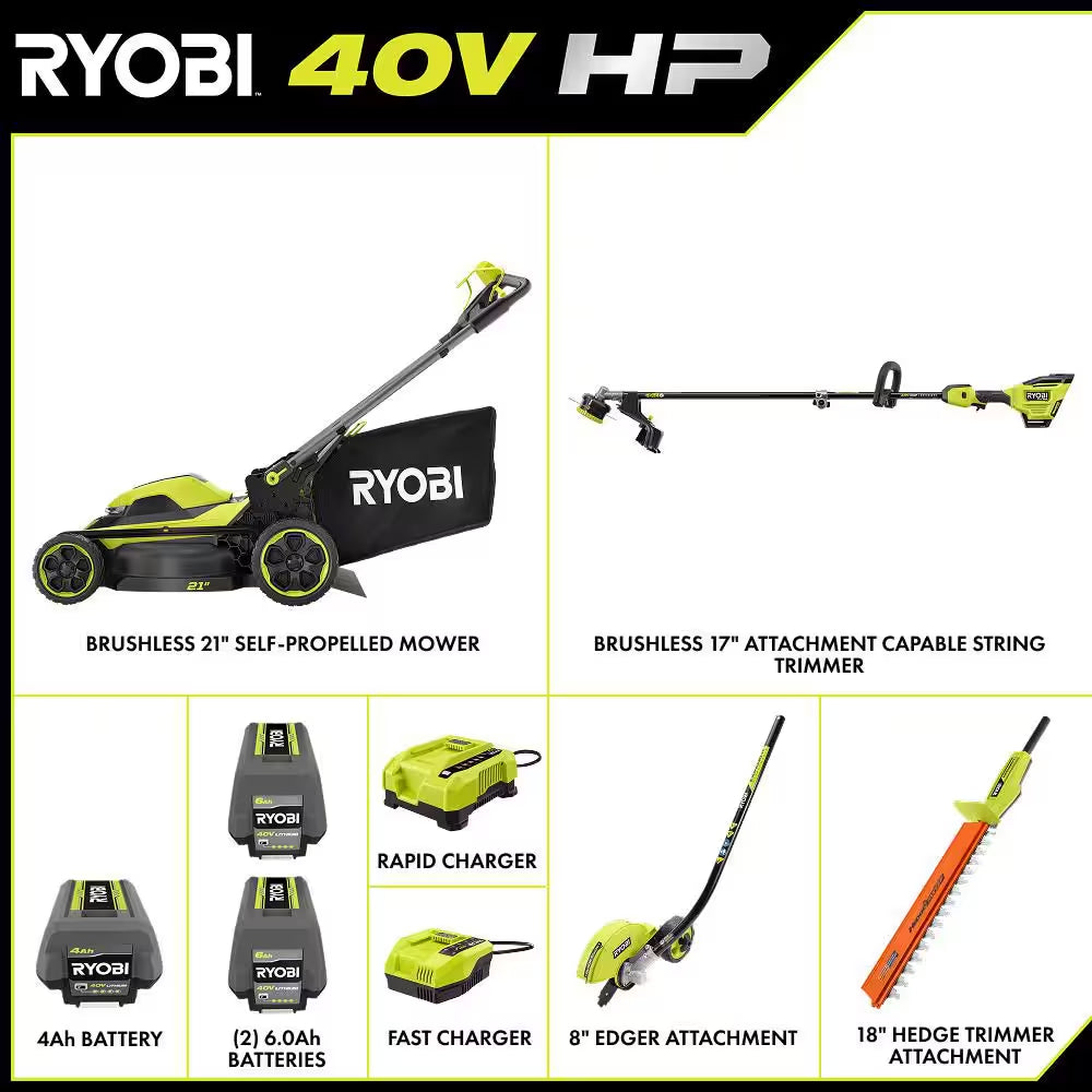 40V HP 21" Brushless Walk behind Self-Propelled Mower, String Trimmer, Edger & Hedge Trimmer-(3) Batteries (2) Chargers
