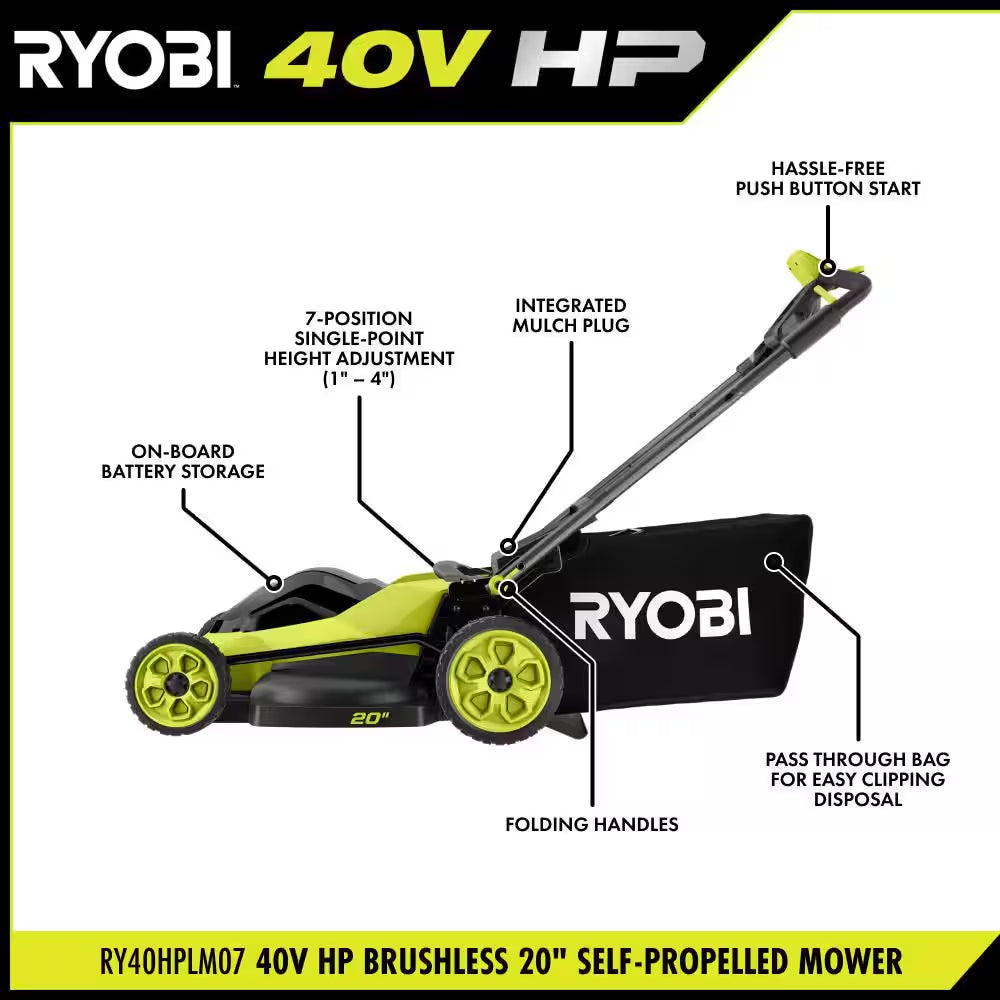 40V HP Brushless 20 In. Walk behind Self-Propelled Mower, 17 in String Trimmer/Edger with (2) Batteries and (2) Chargers