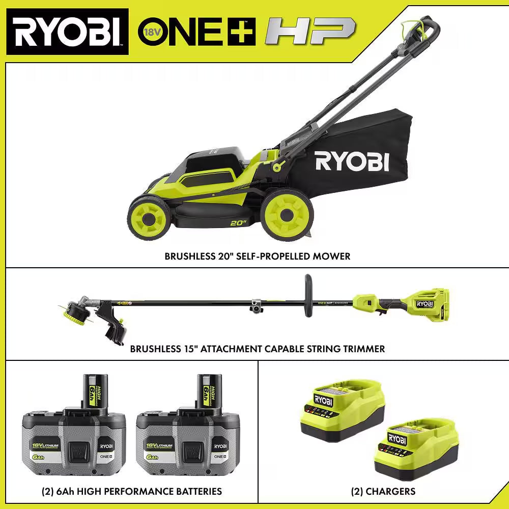 ONE+ HP 18V Brushless 20" Cordless Walk behind Self-Propelled Mower W/ String Trimmer, (2) 6.0 Ah Batteries, & Chargers
