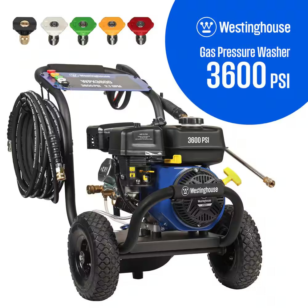 3600 PSI 2.7 GPM 212Cc Gas Powered Triplex Pump Cold Water Pressure Washer with 5-Quick Connect Nozzles