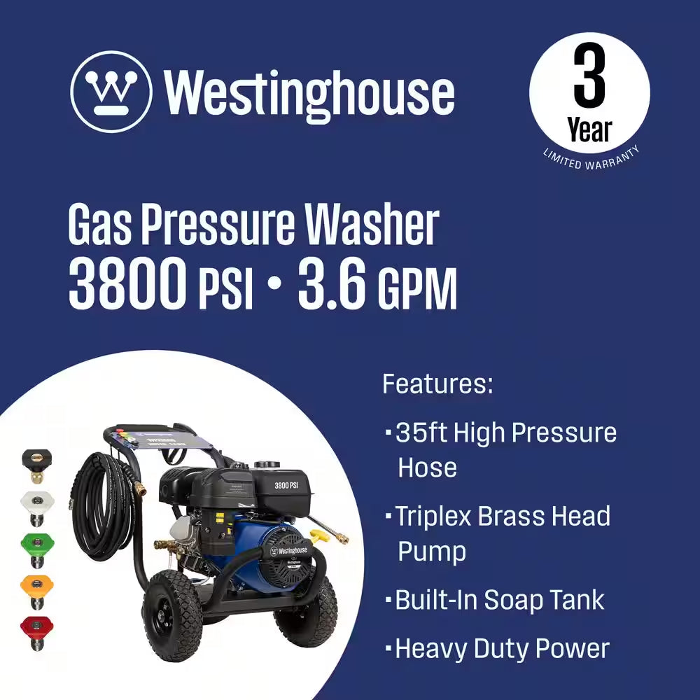 3800 PSI 3.6 GPM 274Cc Gas Powered Triplex Pump Cold Water Pressure Washer with 5-Quick Connect Nozzles