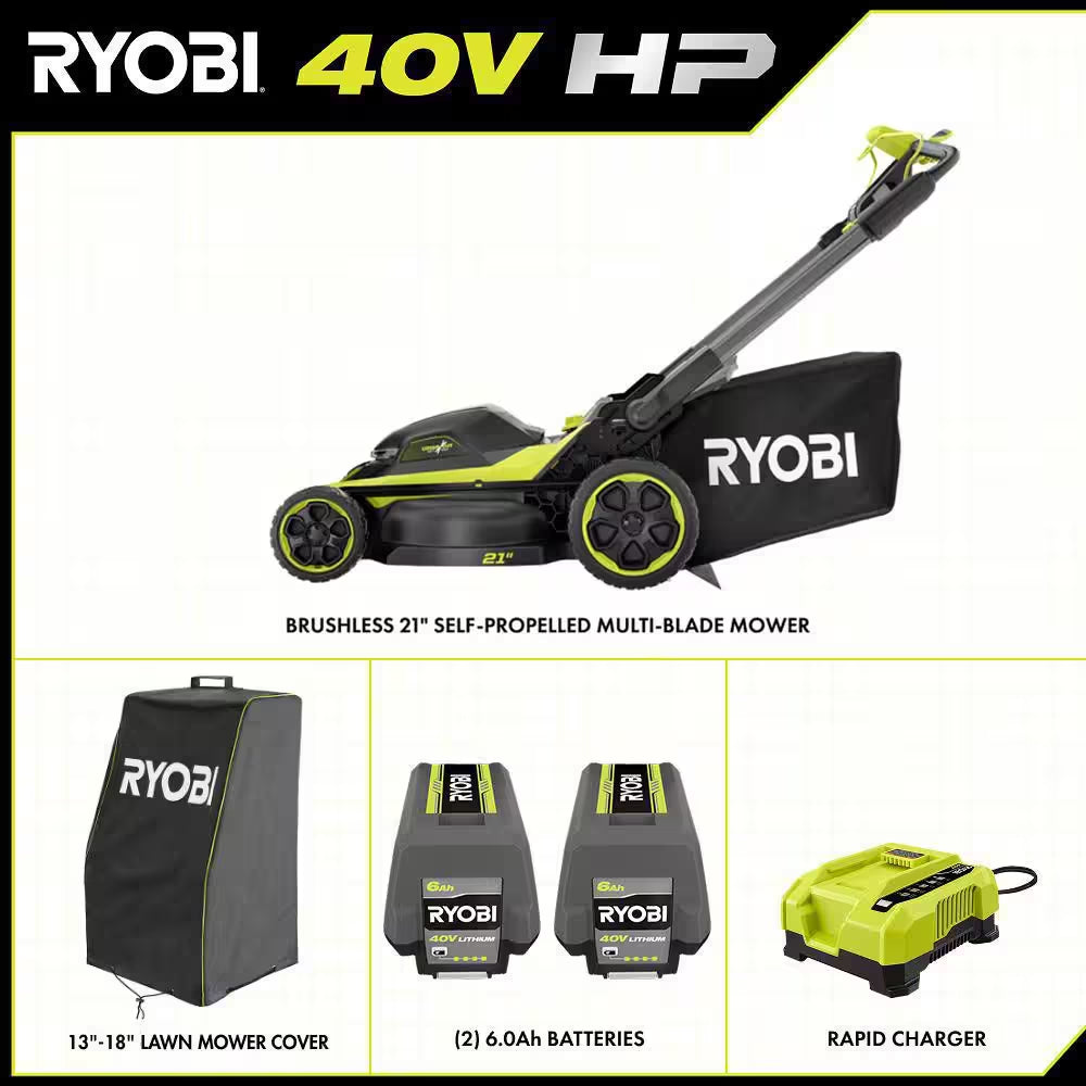 40V HP Brushless 21" Cordless Walk behind Multi-Blade Self-Propelled Mower W/ UV Resistant Cover, Batteries, & Charger