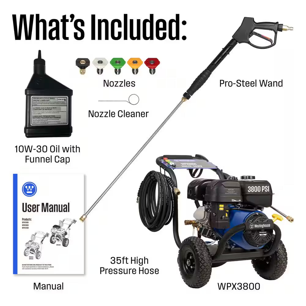 3800 PSI 3.6 GPM 274Cc Gas Powered Triplex Pump Cold Water Pressure Washer with 5-Quick Connect Nozzles