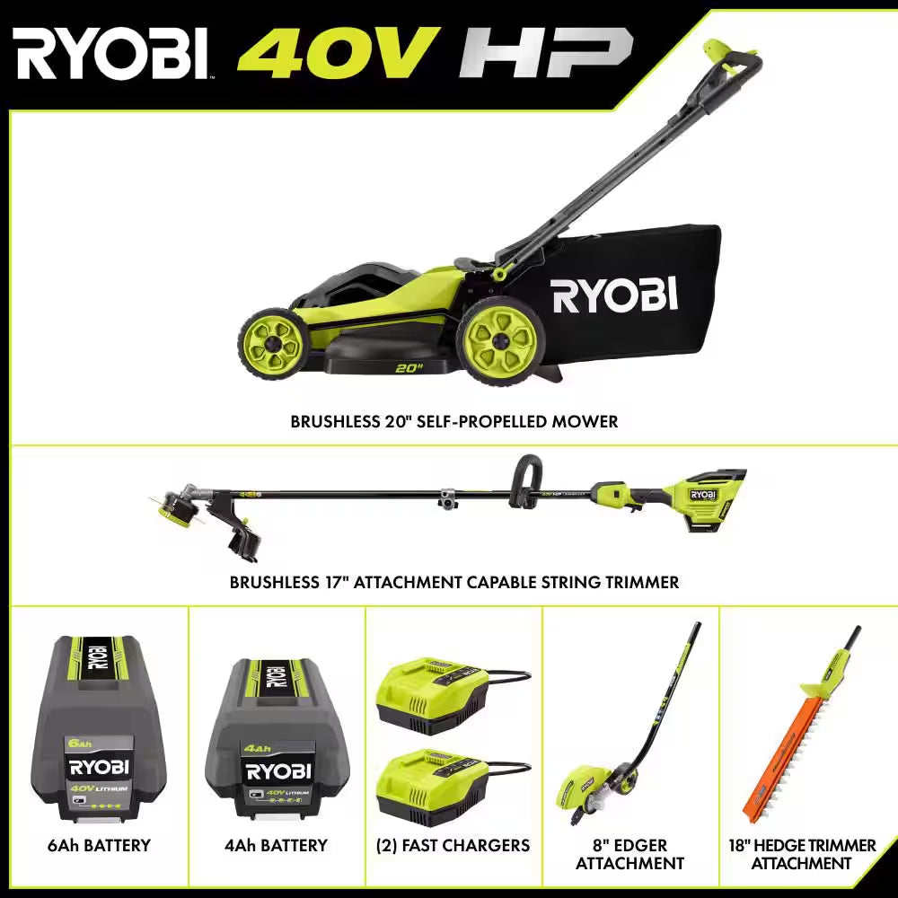 40V HP Brushless 20" Walk behind Self-Propelled Mower, String Trimmer, Edger & Hedge Trimmer-(2) Batteries (2) Chargers