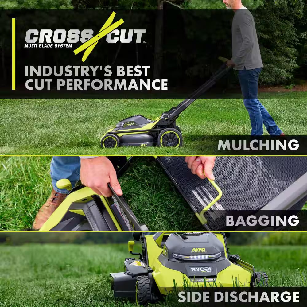 40V HP 21" Brushless Cross Cut Self-Propelled All Wheel Drive Mower W/ 800 CFM Blower, (3) Batteries & (2) Chargers