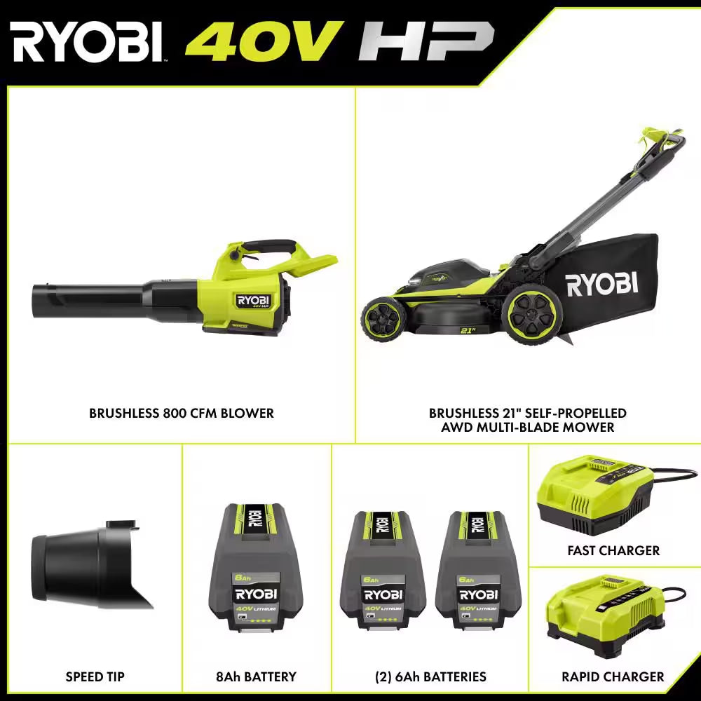 40V HP 21" Brushless Cross Cut Self-Propelled All Wheel Drive Mower W/ 800 CFM Blower, (3) Batteries & (2) Chargers